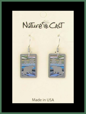 Earrings Dangle Rectangle With Bear and Blue Landscape